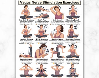 Ejercicios de estimulación del nervio vago, alivio del estrés y la ansiedad, ejercicios somáticos, reinicio del sistema nervioso, regulación, respiración y rutina de relajación.