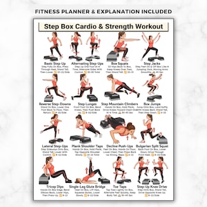 May include: A fitness poster titled Step Box Cardio & Strength Workout featuring sixteen illustrated exercises with instructions. The chart displays a person in a red tank top and black leggings performing various movements on a black step box.