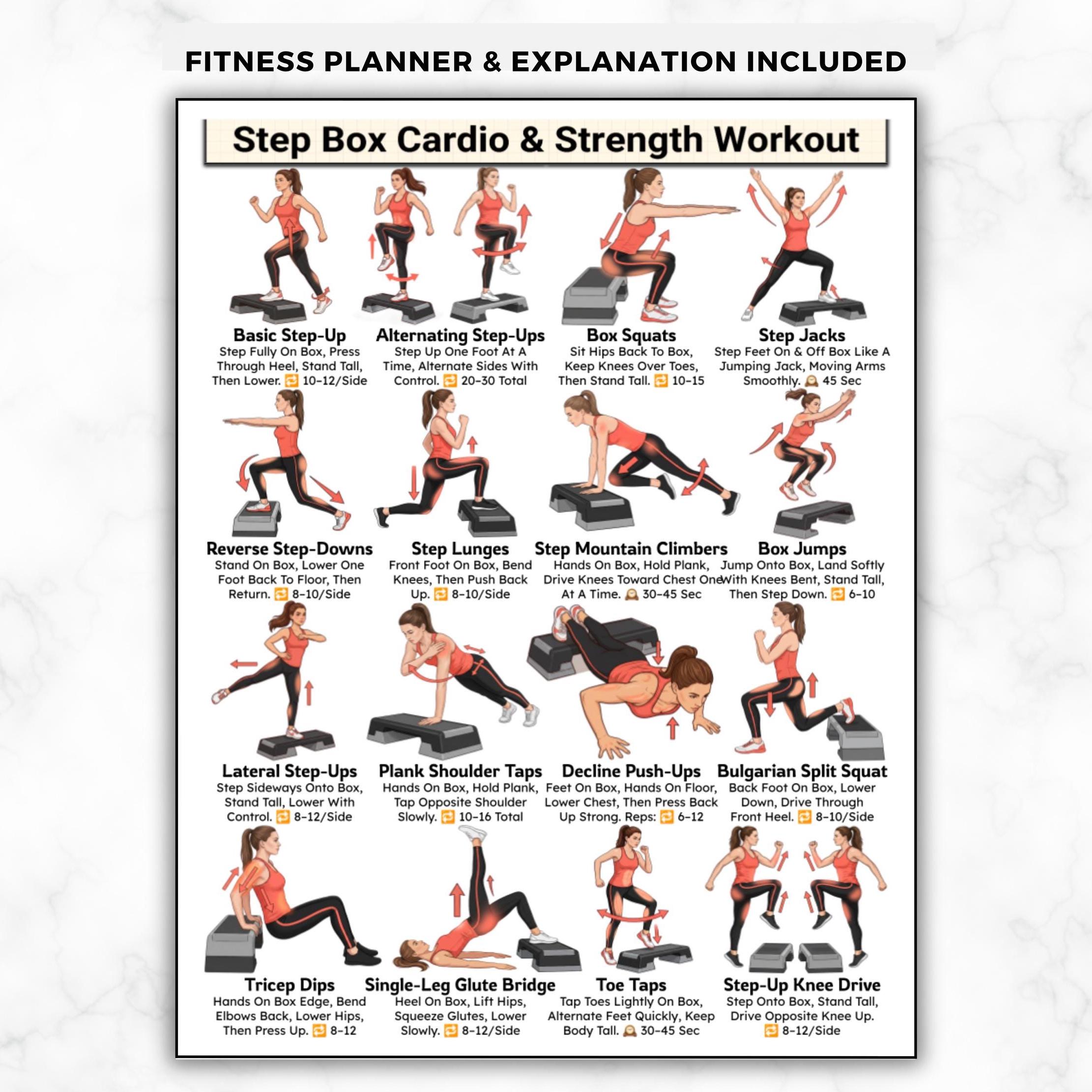 Step Box Workout Printable, Aerobic Step Cardio Full Body Exercises ...