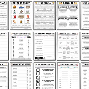 May include: A set of printable party game cards for a birthday party. The cards feature games like "This or That", "Price is Right", "1945 Trivia", "Drink If", "Who Knows Best", "Most Likely To", "Younger or Older", "Birthday Wishes", "Find the Guest Bingo", "What's on Your Phone", "Guest Book", "Roll and Respond", "Finish the Phrase", and "Word Scramble".