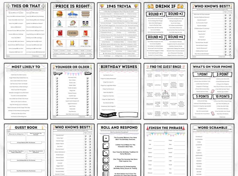 May include: A set of printable party game cards for a birthday party. The cards feature games like "This or That", "Price is Right", "1945 Trivia", "Drink If", "Who Knows Best", "Most Likely To", "Younger or Older", "Birthday Wishes", "Find the Guest Bingo", "What's on Your Phone", "Guest Book", "Roll and Respond", "Finish the Phrase", and "Word Scramble".