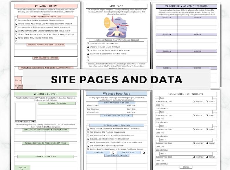May include: A detailed infographic titled "Site Pages and Data" with sections on Privacy Policy, 404 Page, and Frequently Asked Questions. Includes sections on website footer, blog page, and tools used for the website. The text is in black and white.