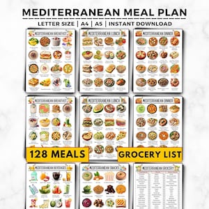 May include: A Mediterranean meal plan featuring breakfast, lunch, and dinner suggestions, along with beverages, snacks, and a grocery list. The plan offers 128 meals and is available in letter, A4, and A5 sizes. The text "MEDITERRANEAN MEAL PLAN" is at the top.