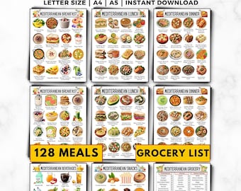 Pode incluir: Um plano de refeições mediterrâneo com opções para pequeno-almoço, almoço e jantar, além de bebidas, lanches e uma lista de compras. O plano inclui 128 refeições e está disponível nos tamanhos carta, A4 e A5. O texto "MEDITERRANEAN MEAL PLAN" está no topo.