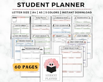May include: A printable student planner with 60 pages, featuring a variety of templates for daily, weekly, and monthly planning. The planner includes sections for study sessions, assignments, essays, research articles, and group projects. The planner is available in five colors and can be printed in letter, A4, or A5 sizes.