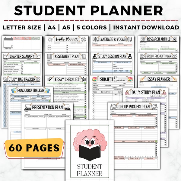 Student Planner Printable, Study Planner Bundle, Academic Planner, ADHD Study, College, Productivity, School Planner, Semester Planner