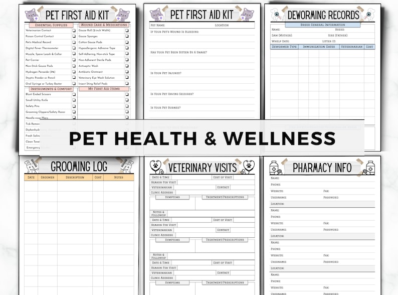 May include: A printable pet health and wellness log with sections for pet first aid, deworming records, grooming, veterinary visits, and pharmacy information. The log features a cute cartoon cat design.
