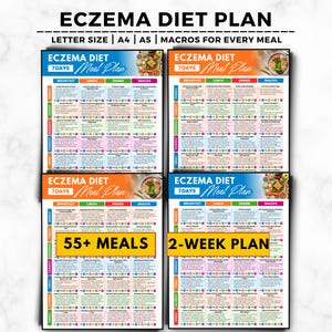 May include: A colorful eczema diet plan with the text "ECZEMA DIET PLAN" and "Meal Plan". The plan includes 55+ meals and a 2-week plan. The plan is available in letter size, A4, and A5.