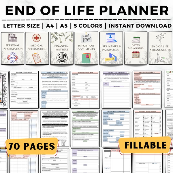 End of Life Planner, Fillable Emergency Planner, Last Wishes Planner, Estate Planning, Will, Final Preparation, What If Binder, Just In Case