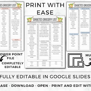 May include: A printable grocery list for people with diabetes. The list is divided into categories such as fruits, vegetables, dairy and eggs, baked goods, condiments, frozen foods, beans and legumes, canned foods, oils and spreads, seafood, animal protein, whole grains, snacks, plant protein, carbohydrates, and beverages. The list is fully editable in Google Slides and PowerPoint.