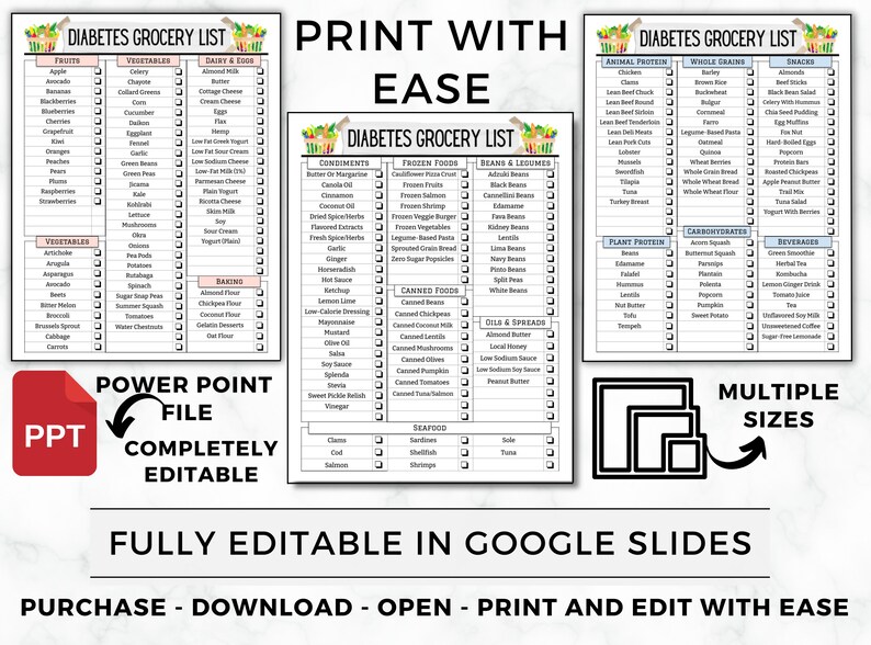 May include: A printable grocery list for people with diabetes. The list is divided into categories such as fruits, vegetables, dairy and eggs, baked goods, condiments, frozen foods, beans and legumes, canned foods, oils and spreads, seafood, animal protein, whole grains, snacks, plant protein, carbohydrates, and beverages. The list is fully editable in Google Slides and PowerPoint.