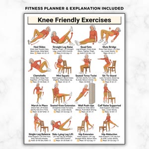 May include: A fitness planner with a white background, featuring illustrations of knee-friendly exercises. The exercises include Heel Slides, Straight Leg Raise, Quad Sets, Glute Bridge, Clamshells, Mini Squats, Seated Torso Twist, Sit-To-Stand, March In Place, Seated Knee Extension, Wall Push-Ups, Calf Raise Supported, Single-Leg Balance, Side-Lying Leg Lift, Hip Extension, and Hip Abduction.