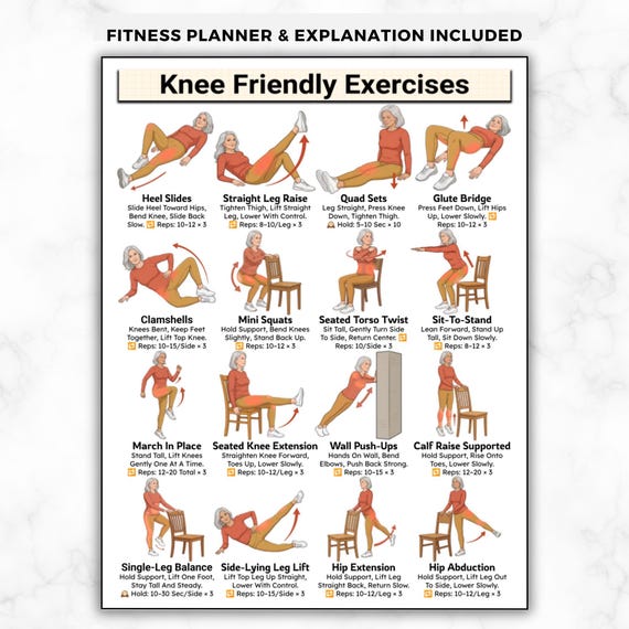 Knee Friendly Exercise Chart, Low Impact Senior Workout, Printable Arthritis Exercises, Gentle Home Fitness Osteoporosis Mobility Guide PDF