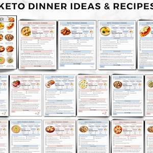 May include: A collection of recipe cards titled "Keto Dinner Ideas & Recipes." The cards feature images of various keto-friendly meals, including chicken, pizza, and salads. Each card includes nutritional information and ingredient lists.