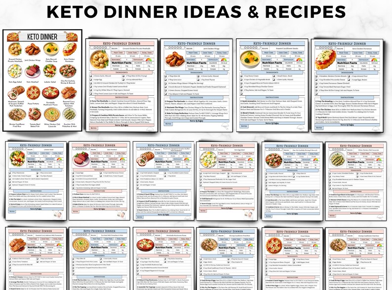 May include: A collection of recipe cards titled "Keto Dinner Ideas & Recipes." The cards feature images of various keto-friendly meals, including chicken, pizza, and salads. Each card includes nutritional information and ingredient lists.