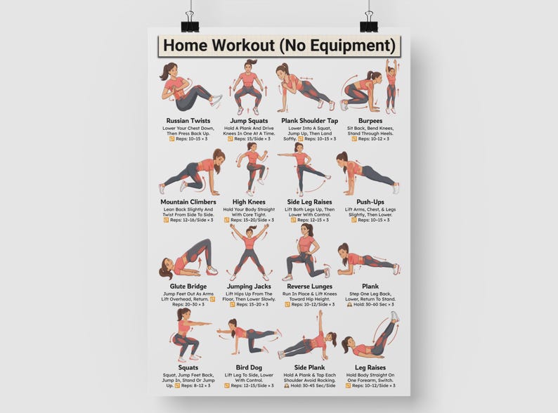 May include: A white poster titled "Home Workout (No Equipment)" with illustrations of various exercises, including Russian twists, jump squats, and push-ups. Each exercise is accompanied by instructions and rep counts.