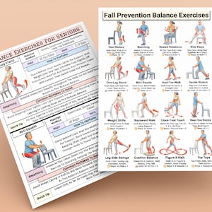May include: Two exercise charts for seniors, one titled "Balance Exercises for Seniors" and the other "Fall Prevention Balance Exercises." The charts feature illustrations and instructions for various balance exercises, including one-leg stands and mini squats. The charts are on a light brown surface.