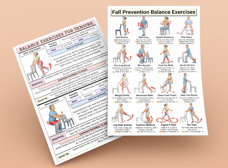 May include: Two exercise charts for seniors, one titled "Balance Exercises for Seniors" and the other "Fall Prevention Balance Exercises." The charts feature illustrations and instructions for various balance exercises, including one-leg stands and mini squats. The charts are on a light brown surface.