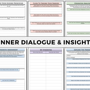 K&ouml;nnte beinhalten: Ein druckbares Arbeitsblatt mit dem Titel "Innerer Dialog & Erkenntnisse" und Abschnitten mit den &Uuml;berschriften "Umarme deine Leitprinzipien", "Hinweise, um deine Leidenschaft zu finden", "St&auml;rkenanalyse", "St&auml;rkenbewertung", "Meine St&auml;rken" und "Entdecke die Leidenschaft". Das Arbeitsblatt soll Benutzern helfen, ihre Kernwerte, St&auml;rken und Leidenschaften zu identifizieren.