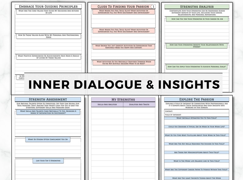 K&ouml;nnte beinhalten: Ein druckbares Arbeitsblatt mit dem Titel "Innerer Dialog & Erkenntnisse" und Abschnitten mit den &Uuml;berschriften "Umarme deine Leitprinzipien", "Hinweise, um deine Leidenschaft zu finden", "St&auml;rkenanalyse", "St&auml;rkenbewertung", "Meine St&auml;rken" und "Entdecke die Leidenschaft". Das Arbeitsblatt soll Benutzern helfen, ihre Kernwerte, St&auml;rken und Leidenschaften zu identifizieren.