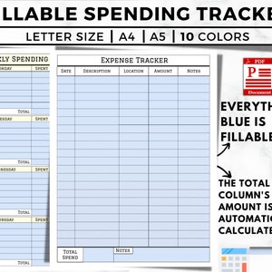 K&ouml;nnte beinhalten: Ein druckbares PDF-Dokument mit einem blauen und wei&szlig;en Wochenausgaben-Tracker und einem Ausgaben-Tracker. Das Dokument ist ausf&uuml;llbar und die Spalte f&uuml;r die Gesamtkosten wird automatisch berechnet.