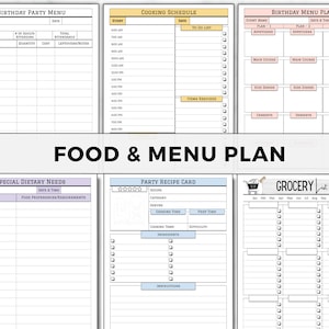 Pu&ograve; includere: Pagine di pianificatore stampabili per pianificare una festa di compleanno. Le pagine includono sezioni per un menu di festa di compleanno, un programma di cottura, esigenze dietetiche speciali, una scheda di ricetta per feste e una lista della spesa.