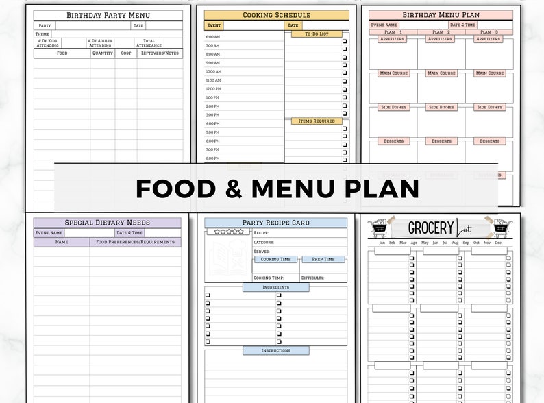 Pu&ograve; includere: Pagine di pianificatore stampabili per pianificare una festa di compleanno. Le pagine includono sezioni per un menu di festa di compleanno, un programma di cottura, esigenze dietetiche speciali, una scheda di ricetta per feste e una lista della spesa.