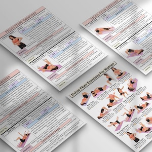 May include: Four informational sheets with illustrations and text detailing pelvic floor exercises. The sheets are white with pink and black text, and feature diagrams of exercises. The text includes instructions and tips for each exercise.