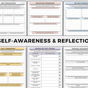 May include: A printable worksheet with a light blue background and pink accents. The worksheet is divided into sections with titles such as "Self Reflections", "Perception Worksheet", "My Self-Esteem", "Self-Compassion", "Raising My Self-Esteem", and "Personal Boundaries". Each section includes prompts and questions to help users reflect on their values, strengths, weaknesses, and personal growth.