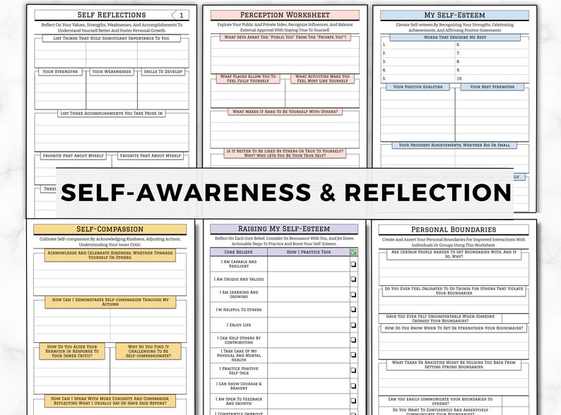 May include: A printable worksheet with a light blue background and pink accents. The worksheet is divided into sections with titles such as "Self Reflections", "Perception Worksheet", "My Self-Esteem", "Self-Compassion", "Raising My Self-Esteem", and "Personal Boundaries". Each section includes prompts and questions to help users reflect on their values, strengths, weaknesses, and personal growth.