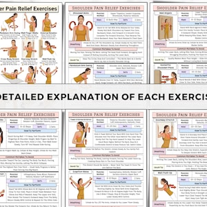 May include: A detailed guide with illustrations and instructions for shoulder pain relief exercises. The guide includes diagrams of various exercises, such as shoulder rolls, arm swings, and wall push-ups, with text explaining how to perform each exercise.