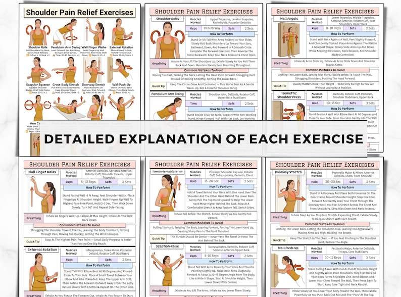 May include: A detailed guide with illustrations and instructions for shoulder pain relief exercises. The guide includes diagrams of various exercises, such as shoulder rolls, arm swings, and wall push-ups, with text explaining how to perform each exercise.