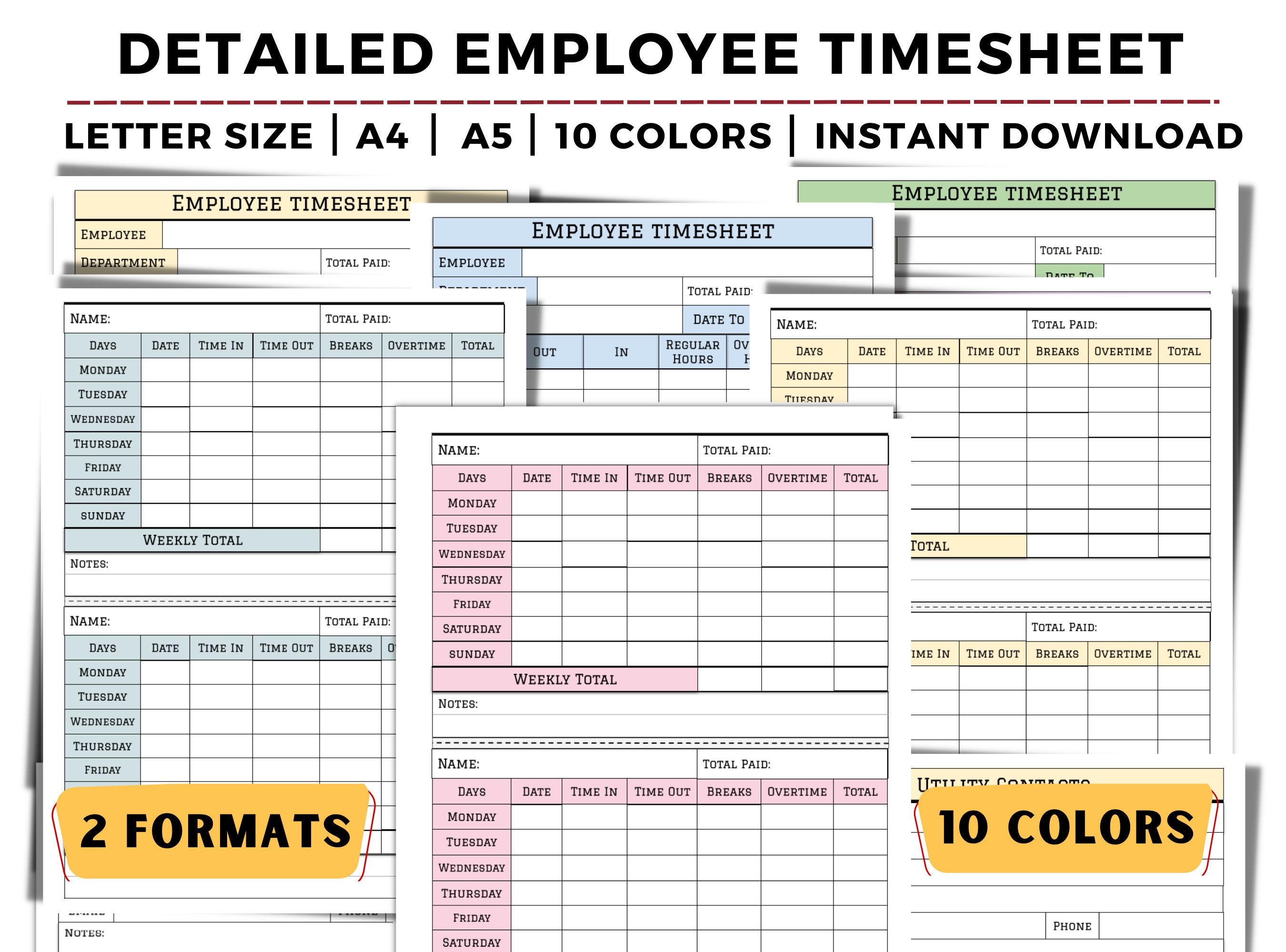Employee Time Sheet Editable Timesheet Form Printable Etsy Canada