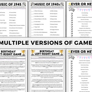 May include: A set of printable party games with a pink and blue color scheme. The games include "Music of 1945", "Music of 1940s", and "Ever or Never". The games are designed for a birthday party or other celebration.