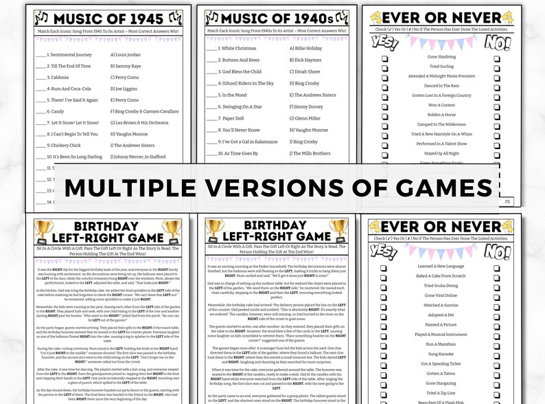 May include: A set of printable party games with a pink and blue color scheme. The games include "Music of 1945", "Music of 1940s", and "Ever or Never". The games are designed for a birthday party or other celebration.