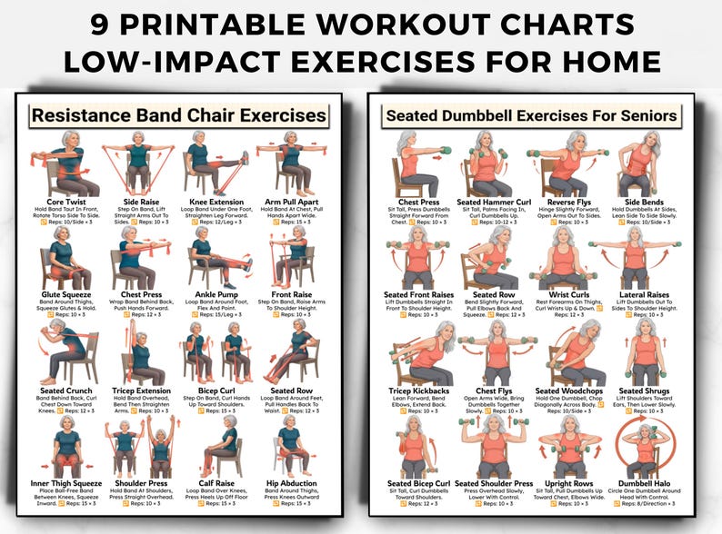May include: Two printable workout charts titled 9 Printable Workout Charts Low-Impact Exercises For Home. The left chart shows resistance band chair exercises, and the right chart displays seated dumbbell exercises for seniors with illustrations.