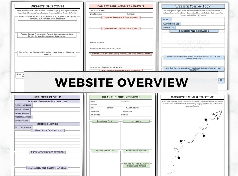 May include: A white and black website overview template with sections for objectives, competitor analysis, and launch timeline. Includes prompts for business profile, ideal audience research, and website coming soon details. The title "WEBSITE OVERVIEW" is prominently displayed.