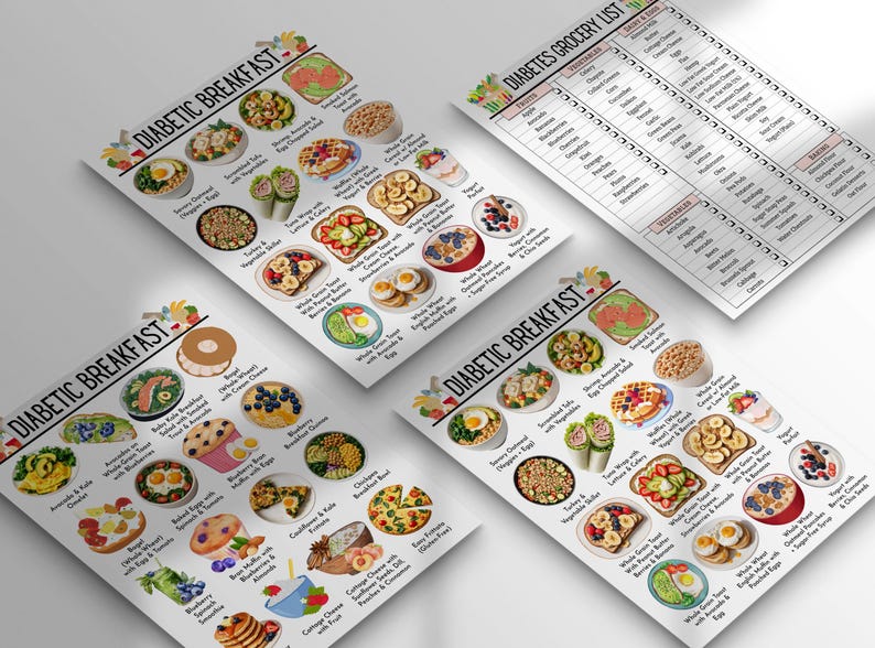 May include: Four printed sheets with colorful illustrations of diabetic breakfast ideas and a grocery list. The sheets are angled, showing various breakfast options like waffles, toast, and eggs. The text "Diabetic Breakfast" is visible on the sheets.