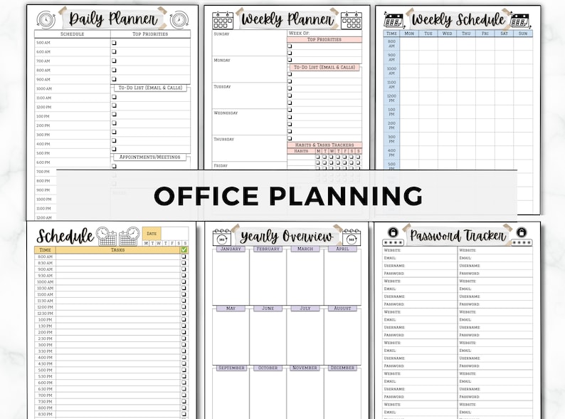 Peut inclure: Un ensemble de mod&egrave;les de planification de bureau imprimables. Les mod&egrave;les comprennent un agenda quotidien, un agenda hebdomadaire, un horaire hebdomadaire, un aper&ccedil;u annuel et un suivi des mots de passe. Les mod&egrave;les sont con&ccedil;us pour vous aider &agrave; organiser votre vie professionnelle et personnelle.
