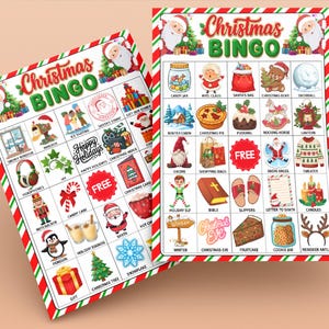 May include: Two Christmas Bingo game cards. The cards have a red and white striped border and feature festive illustrations like Santa Claus, Christmas trees, and snowflakes. The words "Christmas BINGO" are at the top.
