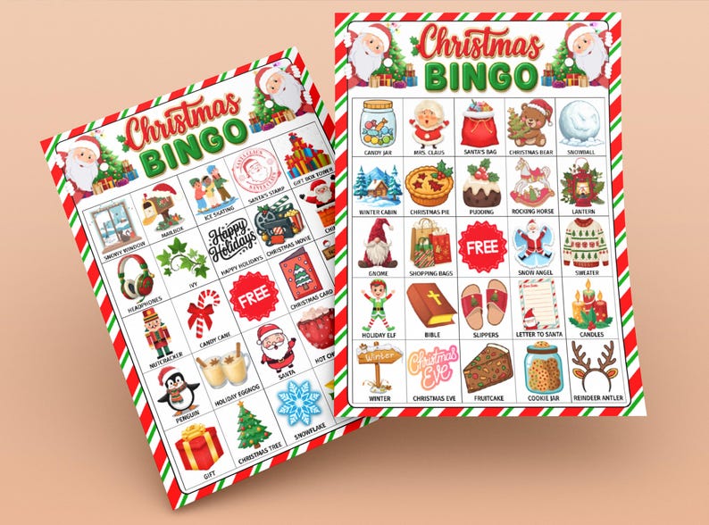 May include: Two Christmas Bingo game cards. The cards have a red and white striped border and feature festive illustrations like Santa Claus, Christmas trees, and snowflakes. The words "Christmas BINGO" are at the top.