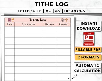 Church Tithe Tracker, Donation Record, Printable & Fillable PDF