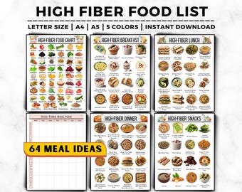 May include: A colorful high-fiber food list with charts for breakfast, lunch, dinner, and snacks. The image includes a meal plan and the text "64 Meal Ideas". The text "High Fiber Food List" is at the top.