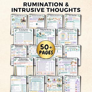 May include: A collection of mental health workbook pages titled RUMINATION & INTRUSIVE THOUGHTS, featuring over 50 pages of worksheets with various charts, checklists, and diagrams for tracking thoughts, feelings, and coping strategies.