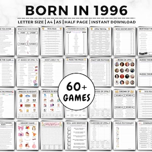 Puede incluir: Un conjunto de hojas de juego imprimibles con el título "BORN IN 1996". Las hojas incluyen varios juegos como trivia, charadas y "Have You Ever". La imagen también incluye el texto "60+ GAMES".