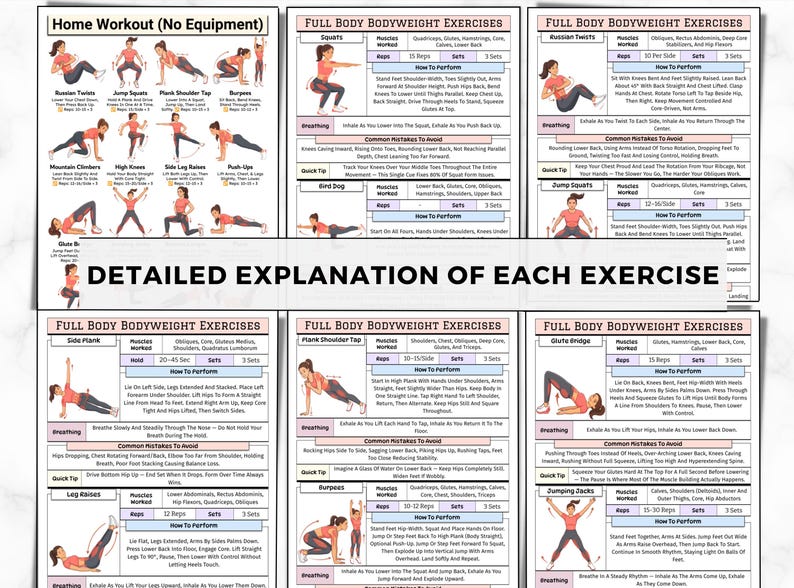 Home Workout Printable, No Equipment Bodyweight Exercises, Full Body Training, Calisthenics Fitness Exercise Chart, Home Gym Wall Poster PDF image 3