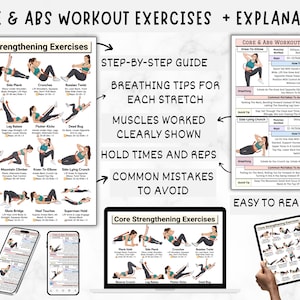 Puede incluir: Una gu&iacute;a de fitness con ejercicios para el core y los abdominales. La gu&iacute;a incluye una gu&iacute;a paso a paso, consejos de respiraci&oacute;n, m&uacute;sculos trabajados, tiempos de retenci&oacute;n, repeticiones y errores comunes a evitar. El dise&ntilde;o es f&aacute;cil de leer.