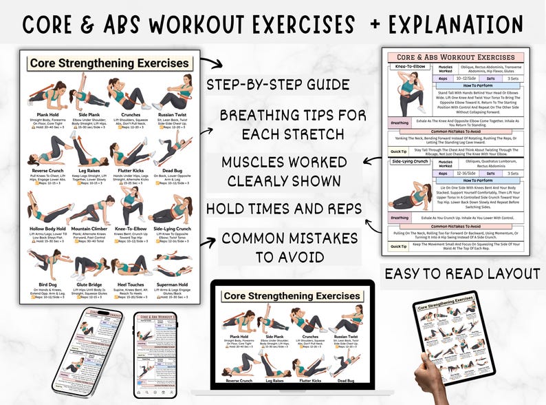 Puede incluir: Una gu&iacute;a de fitness con ejercicios para el core y los abdominales. La gu&iacute;a incluye una gu&iacute;a paso a paso, consejos de respiraci&oacute;n, m&uacute;sculos trabajados, tiempos de retenci&oacute;n, repeticiones y errores comunes a evitar. El dise&ntilde;o es f&aacute;cil de leer.