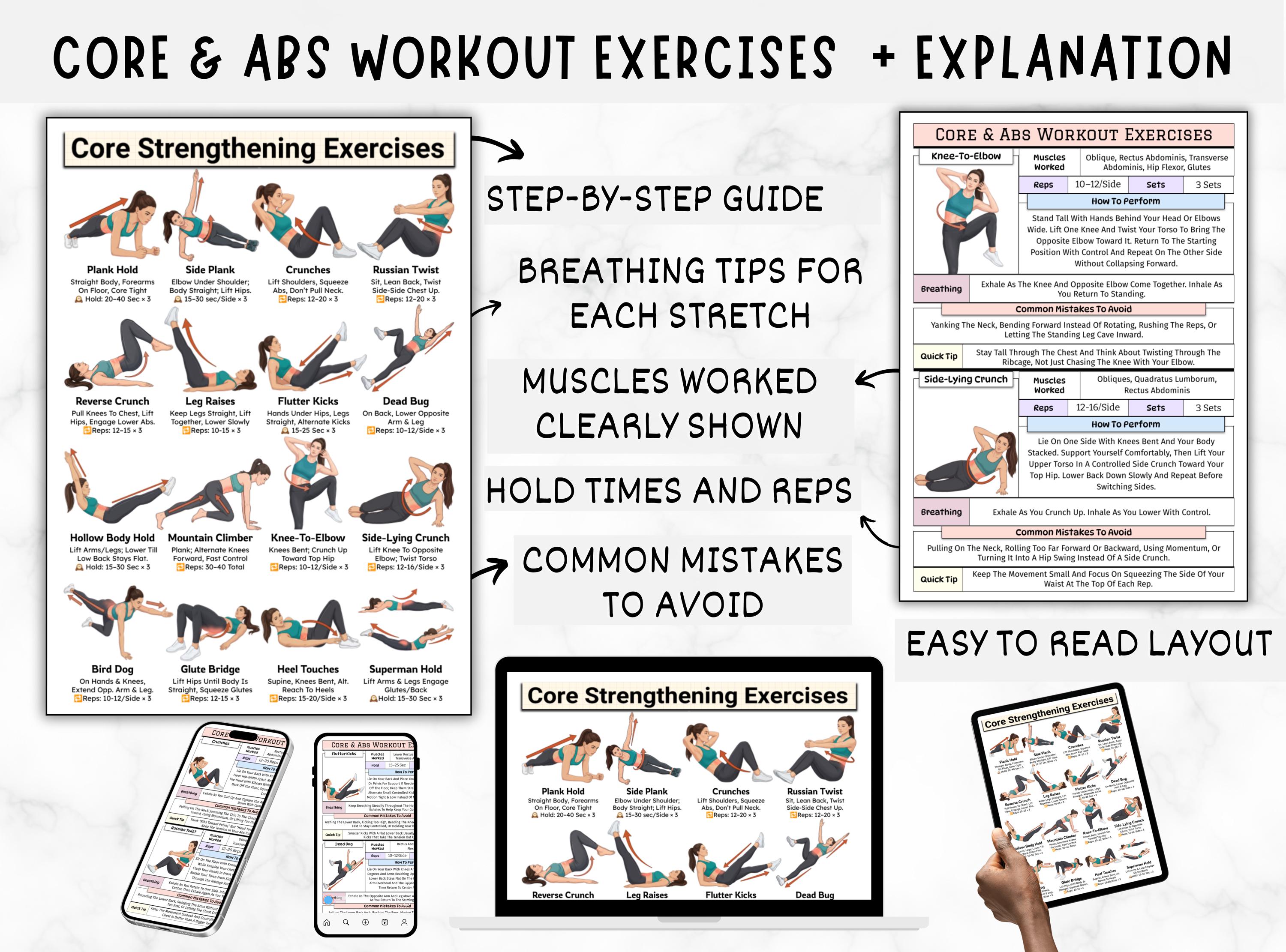 Core & Abs Workout Exercises, No Equipment Core Strengthening Home ...