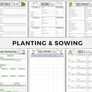 May include: Printable gardening planner with sections for vegetable calendar, seed packet info, seed starting tracker, plant propagation log, and seed inventory. The planner has a green and white colour scheme with illustrations of plants and gardening tools.